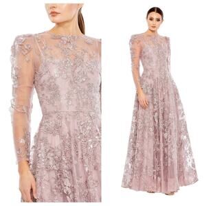 NWT MAC DUGGAL 50664 Lilac Embroidered Illusion High Neck Sheer Long Sleeve Gown